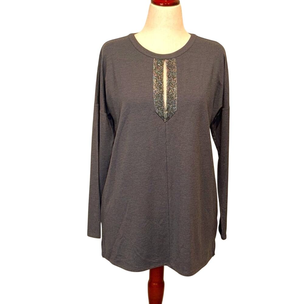 J. Jill tunic sweater gray with sparkly beaded slit neckline long sleeve Sz S
